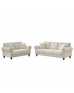 3 And 2 Seater Sofa With Rolled Arms And Nailhead Trim Upholstered Couch With Legs - Beige