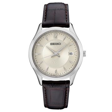Seiko  - Mens Essentials Silver & Brown Leather Strap Watch White Dial
