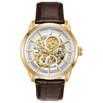 Bulova  - Mens Sutton Automatic Brown Leather Strap Watch Skeleton Dial
