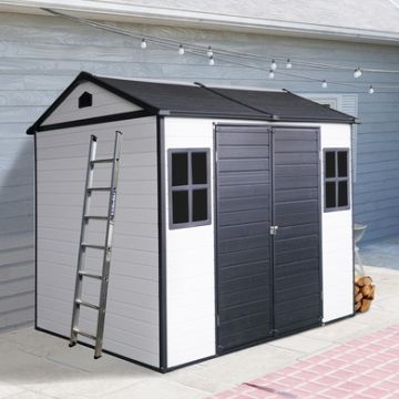 Resin Outdoor Storage Shed With Two - Window And Double - Door, Plastic Shed With Floor For Gargen, Patio, Yard, Lawn-White