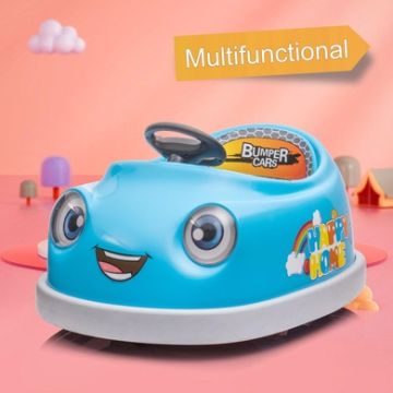 Bumper Car For Kids, 12V Dual Drive 1-6 Years Old Children's Electric Car With Pushrod Dinner Plate USB Bt Music Rocking Horse Mode Anti-Collision Bumper Ride On Car-Light Blue