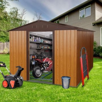 Outdoor Metal Storage Shed With Floor Base-Light Brown