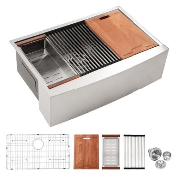 Farmhouse Workstation Sink 36" Stainless Steel 16 Gauge Apron Front Kitchen Sink - Brushed Nickel