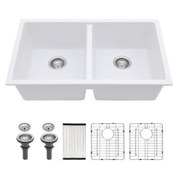 Kitchen Sink Double Bowl Granite Composite Undermount 33" X 19" - White