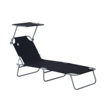 Outdoor Foldable Lounge Chair with Awning and Adjustable Backrest, Black