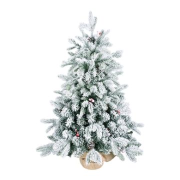 3FT Tabletop Christmas Tree with Pine Cones, Red Berries and Burlap Cement Base, White and Green