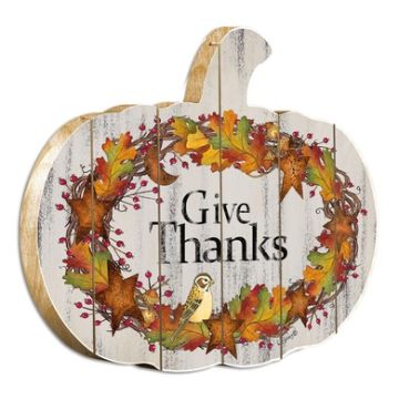 "Give Thanks" by Artisan Linda Spivey Printed on Wooden Wall Art with Pumpkin-Shaped, Multicolor