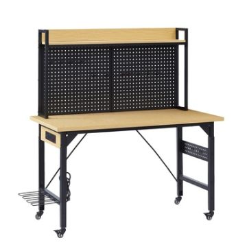 Adjustable Workbench with Pegboard, Shelf and AC/USB Outlet, Yellow and Black