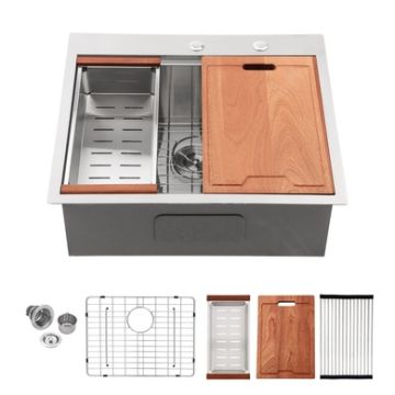 28" Drop In Kitchen Sink Stainless Steel 16 Gauge Workstation With Accessories - Brushed Nickel