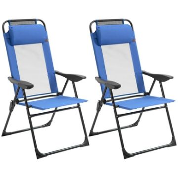 Outdoor Fabric Folding Chairs with Adjustable Sling Back and Armrests, Set of 2, Blue
