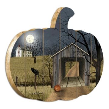 "Sleepy Hollow Bridge" by Artisan Billy Jacobs Printed on Wooden Wall Art with Pumpkin-Shaped, Multicolor