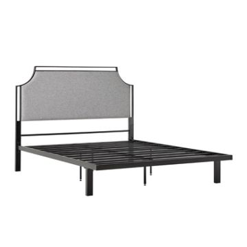Queen Bed with Metal Frame and Upholstered Headboard, Grey