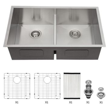 Double Bowl Undermount Kitchen Sink 33" X 19" With 16 Gauge And Deep Basins - Brushed Nickel