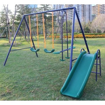 Backyard Co Outdoor Metal Swing Set with Slide and Sturdy A-Frame, Blue, Green and Orange