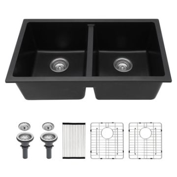 Kitchen Sink 33" X 19" Granite Composite Double Bowl Undermount Sink - Black