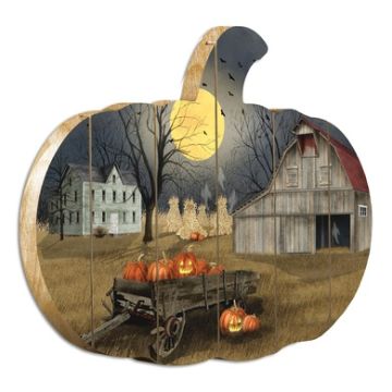 "Spooky Harvest Moon" by Artisan Billy Jacobs Printed on Wooden Wall Art with Pumpkin-Shaped, Multicolor