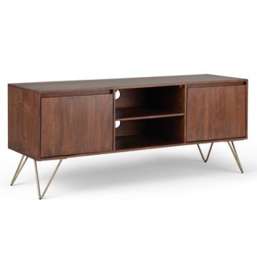 TV Stand with 2 Adjustable Shelves and Iron Hairpin Legs, Dark Brown and Gold