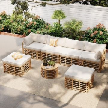 7 Pieces Outdoor Patio Furniture, All-Weather Rattan Sectional Sofa Set With Thick Cushions And Pillows, Freely Combined Conversation Sets For Garden, Backyard, Balcony - Beige