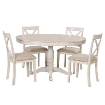 Modern Dining Table Set For 4, Round Table And 4 Kitchen Room Chairs, 5 Piece Kitchen Table Set For Dining Room, Dinette, Breakfast Nook - Antique White