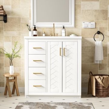 Bathroom Vanity With Ceramic Sink Combo, Frame Bathroom Storage Cabinet, Freestanding Vanity Set With 3 Drawers & Soft Closing Doors - White