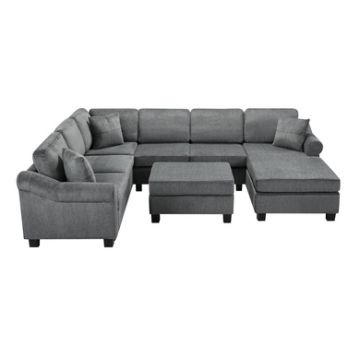 U Shaped Sectional Sofa Chenille Upholstered With Movable Storage Ottoman - Dark Gray