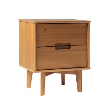 Mid-Century Modern 2 Drawer Solid Wood Nightstand With Cutout Handles - Caramel