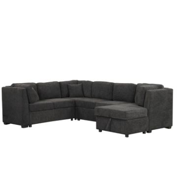 U-Shaped Sectional Sofa Pull Out Sofa Bed With Two USB Ports, Two Power Sockets, Three Back Pillows And A Storage Chaise For Living Room - Black