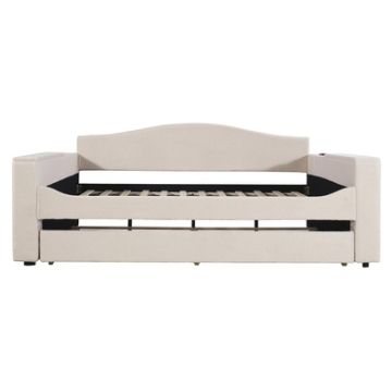 Full Size Upholstered Daybed With Storage Armrests, Trundle And Latest Integrated Bluetooth Audio System, Teddy Fleece - Beige