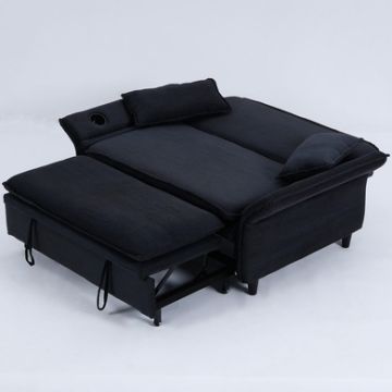 Modern Fabric Multi Functional Sofa Bed With Adjustable Armrests And Backrests Letter Striped Design Frame - Black