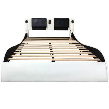 King Size Upholstered Platform Bed Frame With LED Lighting, Bluetooth Connection To Play Music Control, Backrest Vibration Massage, Curve Design, Wood Slat Support, Exhibited Speakers - White
