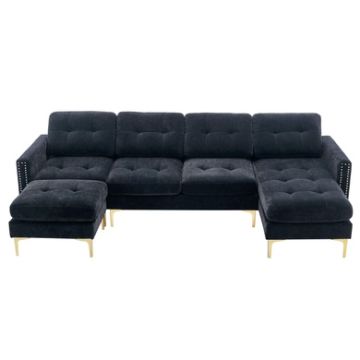 Elegant Velvet L - Shape Convertible Sectional Sofa With Movable Ottoman - Black