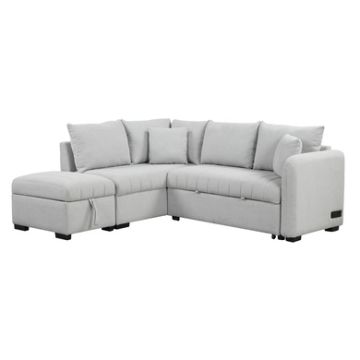 L-Shaped Sectional Pull Out Sofa Bed Sleeper Sofa With Two USB Ports, Two Power Sockets And A Movable Storage Ottoman - Gray