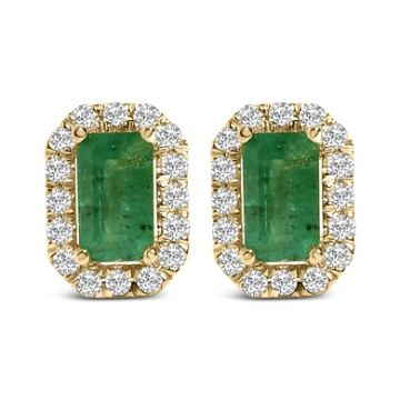14K Yellow Gold Green Emerald and 1/8 Cttw Diamond Halo Octagonal Shaped Stud Earrings