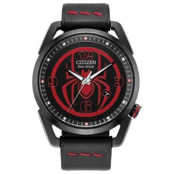 Men's Miles Morales Eco-Drive Black Leather Strap Black Dial