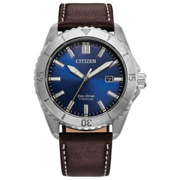 Men's Brycen Super Titanium Eco-Drive Brown Leather Strap Watch Blue Dial