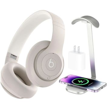Beats - Studio Pro - Wireless Noise Cancelling Over-the-Ear Headphones - Sandstone + Power Adapter & Headphone Stand/Charging Pad