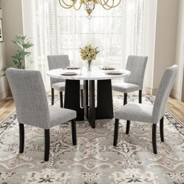 5 Piece Round Dining Table Set, Dining Table And 4 Upholstered Chairs ...
